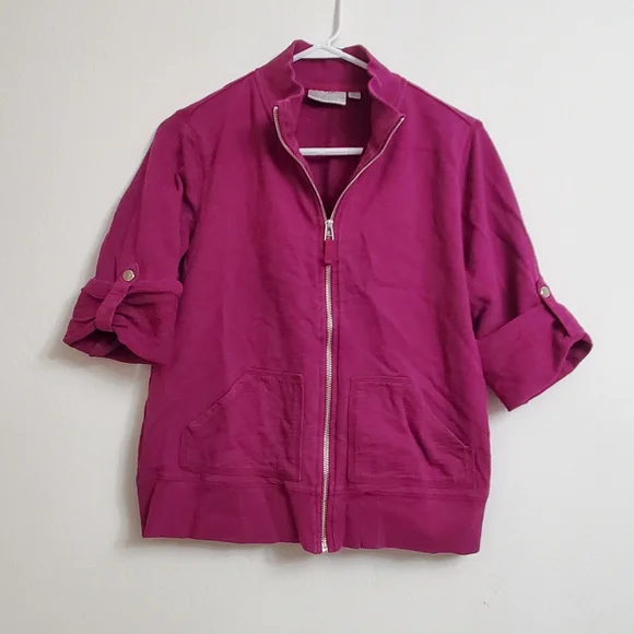 Studio Works Womens Zipfront 3/4 Sleeve Sweat Shirt Petite Large Orchid Purple - Picture 1 of 5